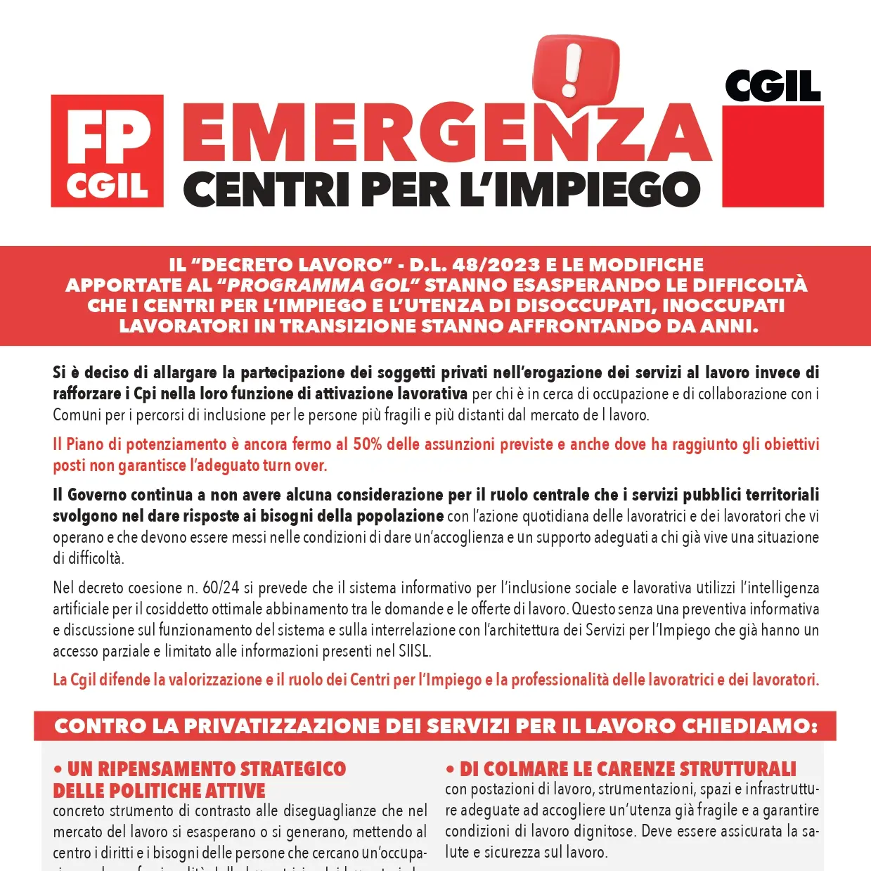 Cgil e Fp, emergenza centri per l’impiego!