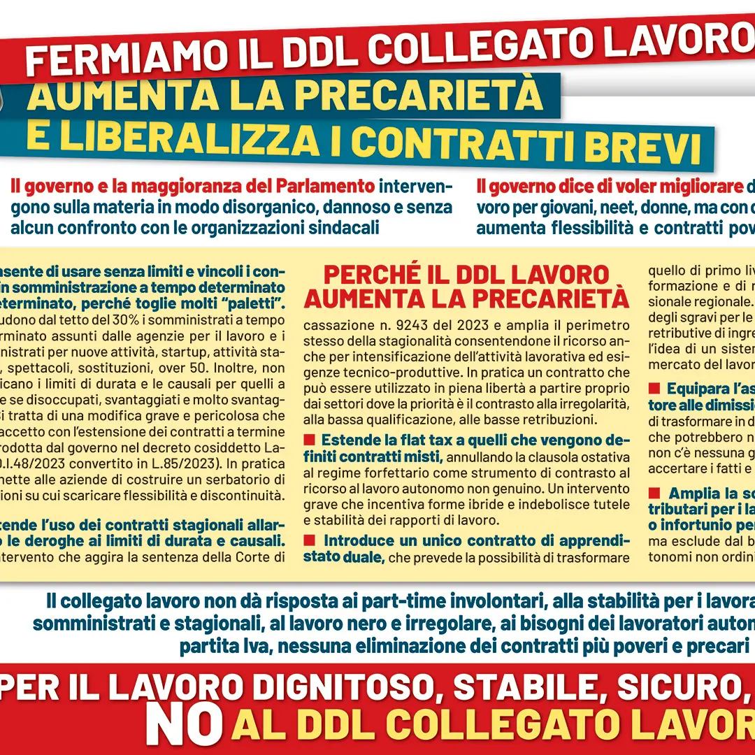 Fermiamo il Ddl Collegato Lavoro, aumenta la precarietà e liberalizza i contratti brevi - Volantino Cgil