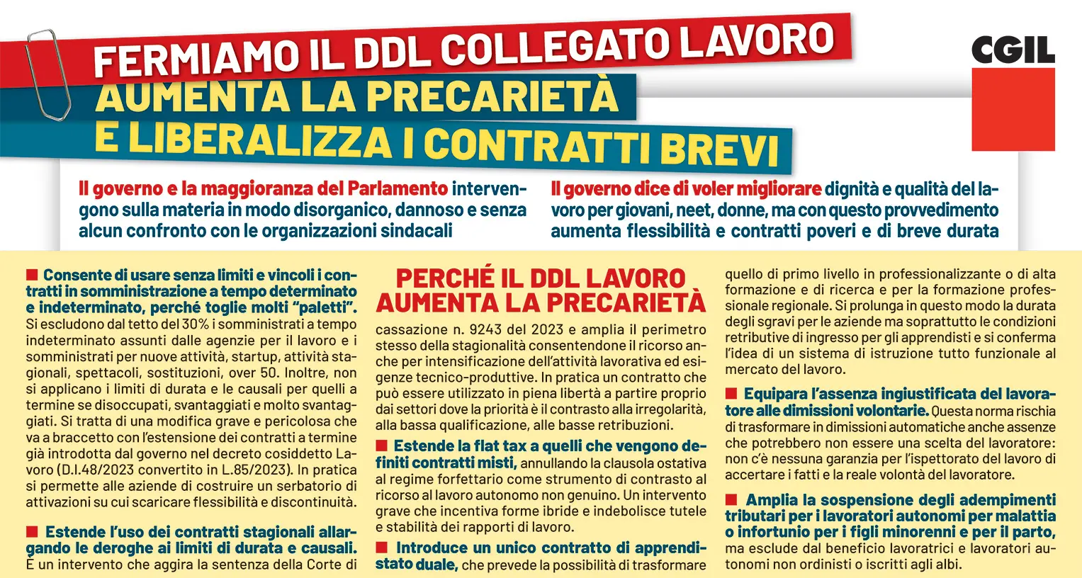Fermiamo il Ddl Collegato Lavoro, aumenta la precarietà e liberalizza i contratti brevi - Volantino Cgil
