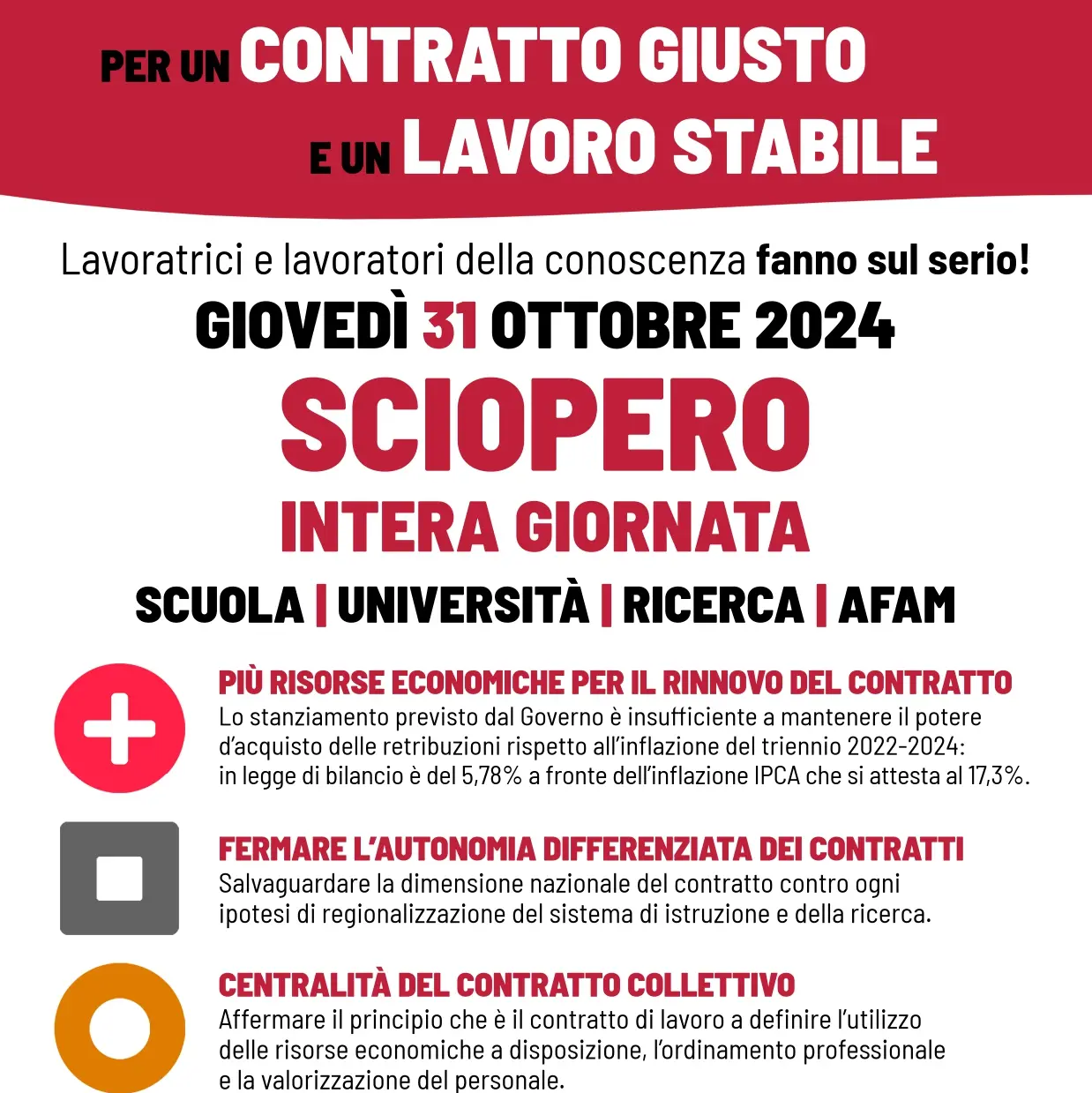 La FLC CGIL chiama allo sciopero la Scuola, l’Università, la Ricerca e l’AFAM il 31 ottobre