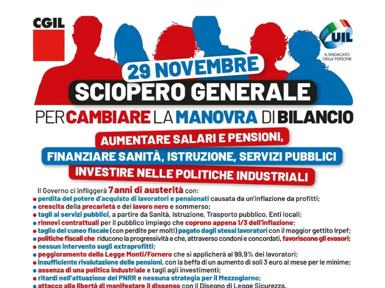 Cgil e Uil, Sciopero generale di 8 ore, venerdì 29 novembre, per cambiare la manovra di bilancio