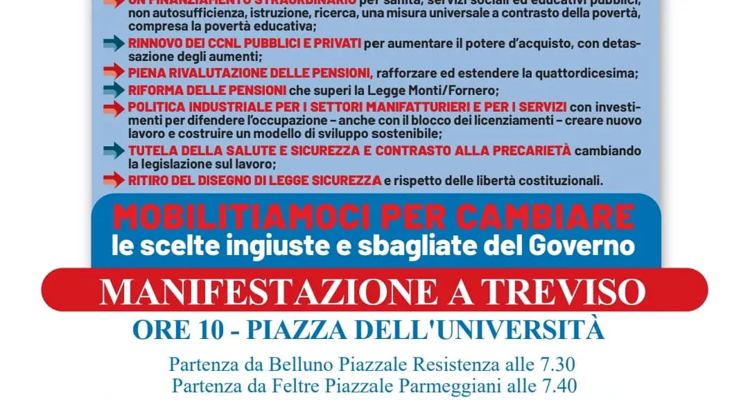 Cgil e Uil sciopero generale per cambiare la manovra di bilancio - Manifestazione provinciale a Treviso