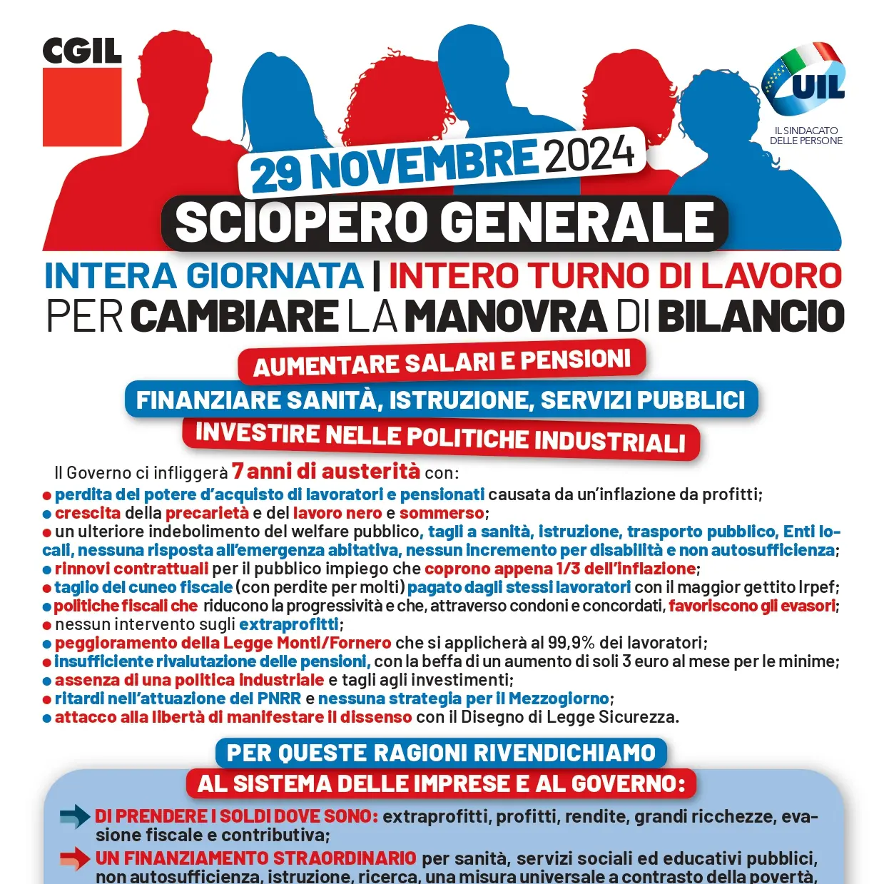 Cgil e Uil, Sciopero generale di 8 ore, venerdì 29 novembre, per cambiare la manovra di bilancio