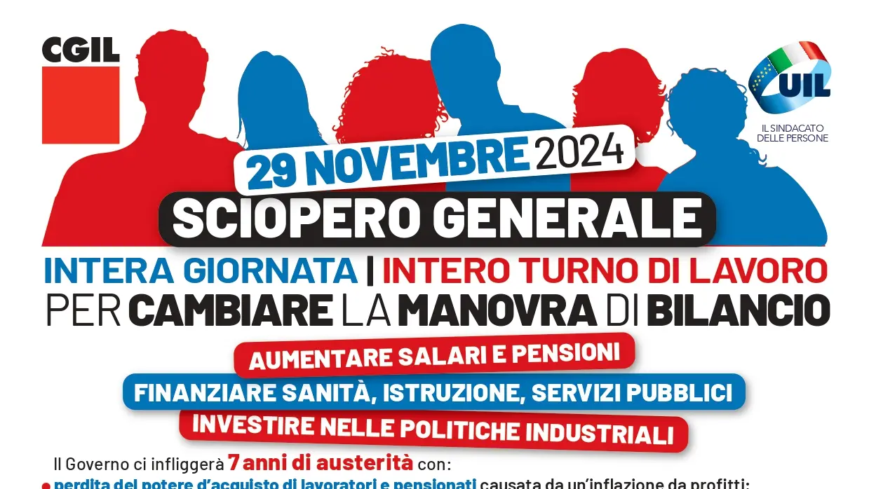 Cgil e Uil, Sciopero generale di 8 ore, venerdì 29 novembre, per cambiare la manovra di bilancio