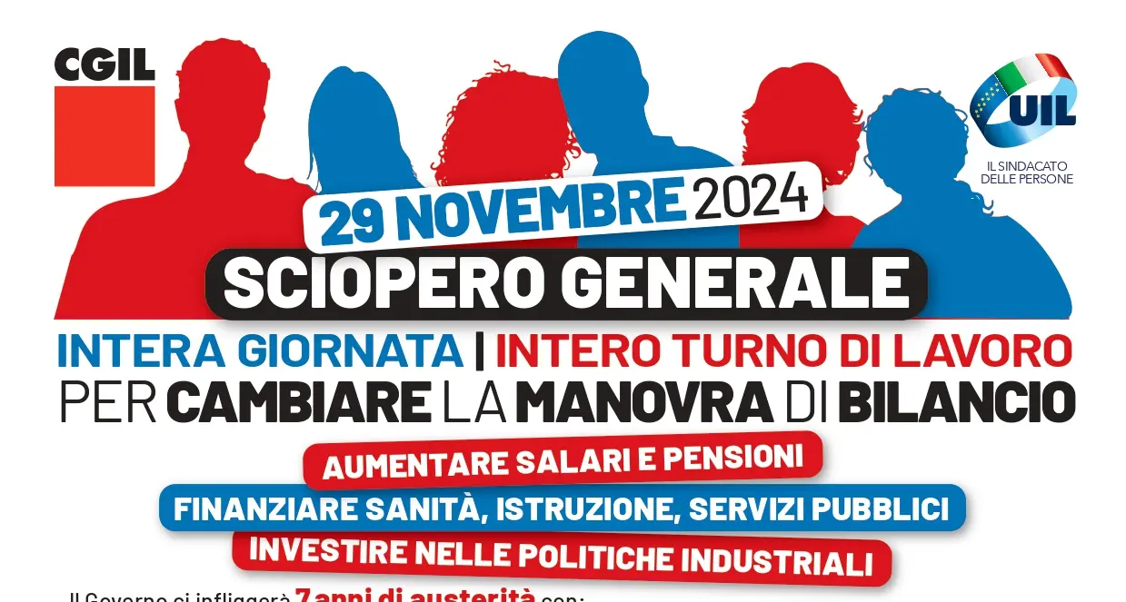 Cgil e Uil, Sciopero generale di 8 ore, venerdì 29 novembre, per cambiare la manovra di bilancio