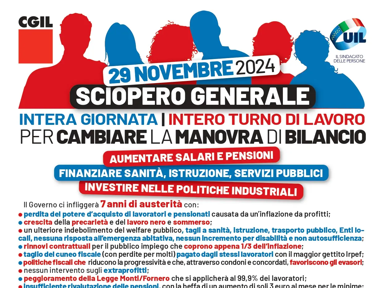 Cgil e Uil, Sciopero generale di 8 ore, venerdì 29 novembre, per cambiare la manovra di bilancio