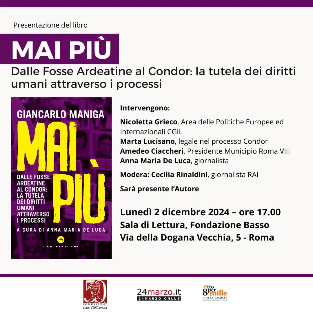 Presentazione del libro \"MAI PIÙ\" di G. Maniga: diritti umani e giustizia tra passato e presente