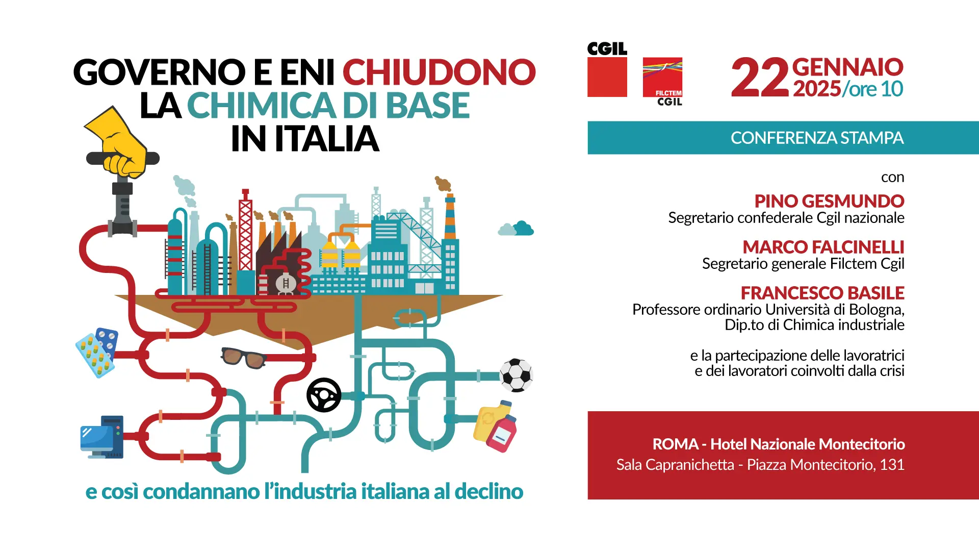 Industria: 22 gennaio conferenza stampa Cgil nazionale e Filctem Cgil su crisi chimica di base