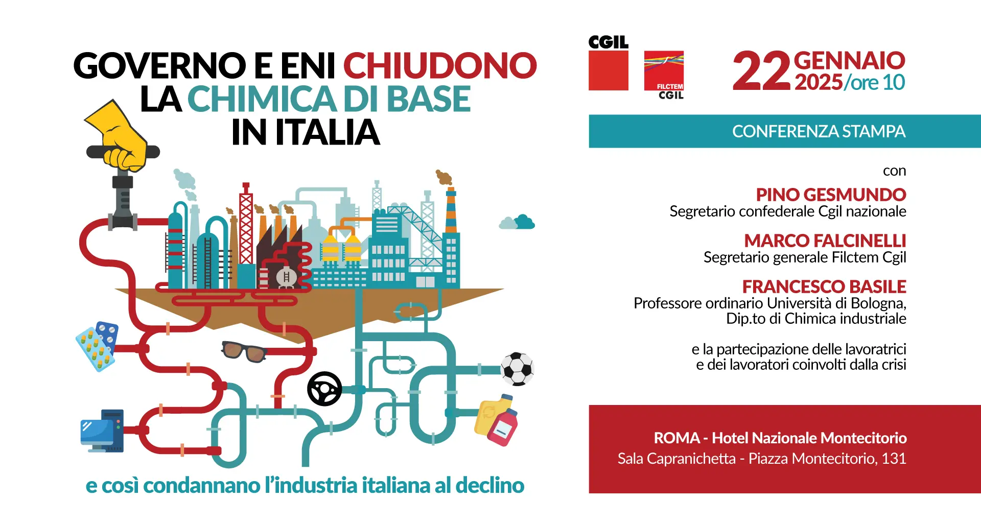 Industria: 22 gennaio conferenza stampa Cgil nazionale e Filctem Cgil su crisi chimica di base