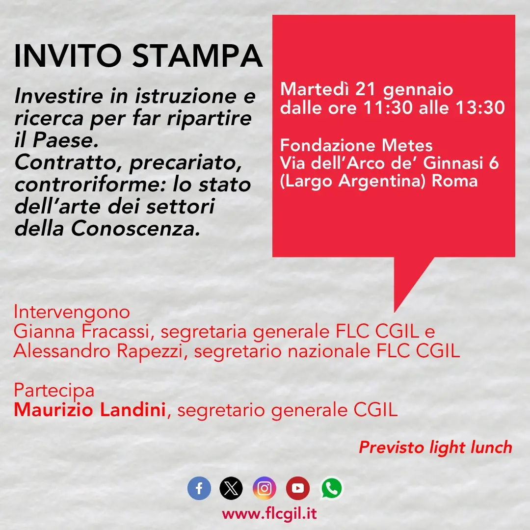 Istruzione e ricerca: 21 gennaio a Roma conferenza stampa Landini e Fracassi su condizioni settori