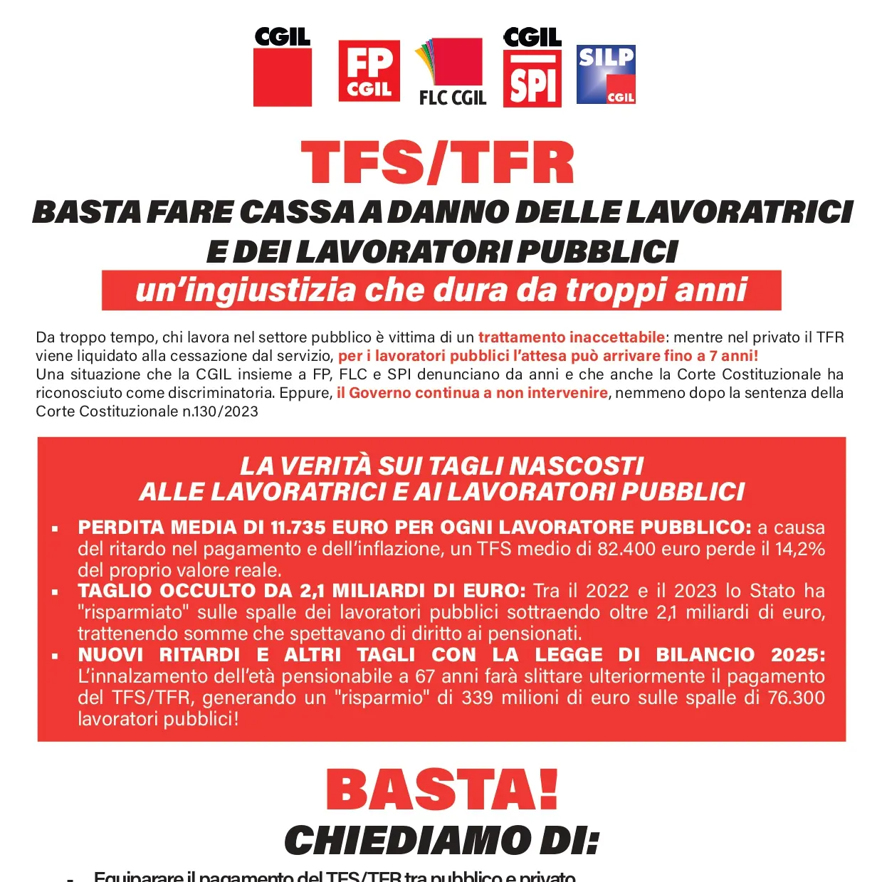 TFS/TFR: basta fare cassa a danno delle lavoratrici e dei lavoratori pubblici. Un’ingiustizia che dura da troppi anni