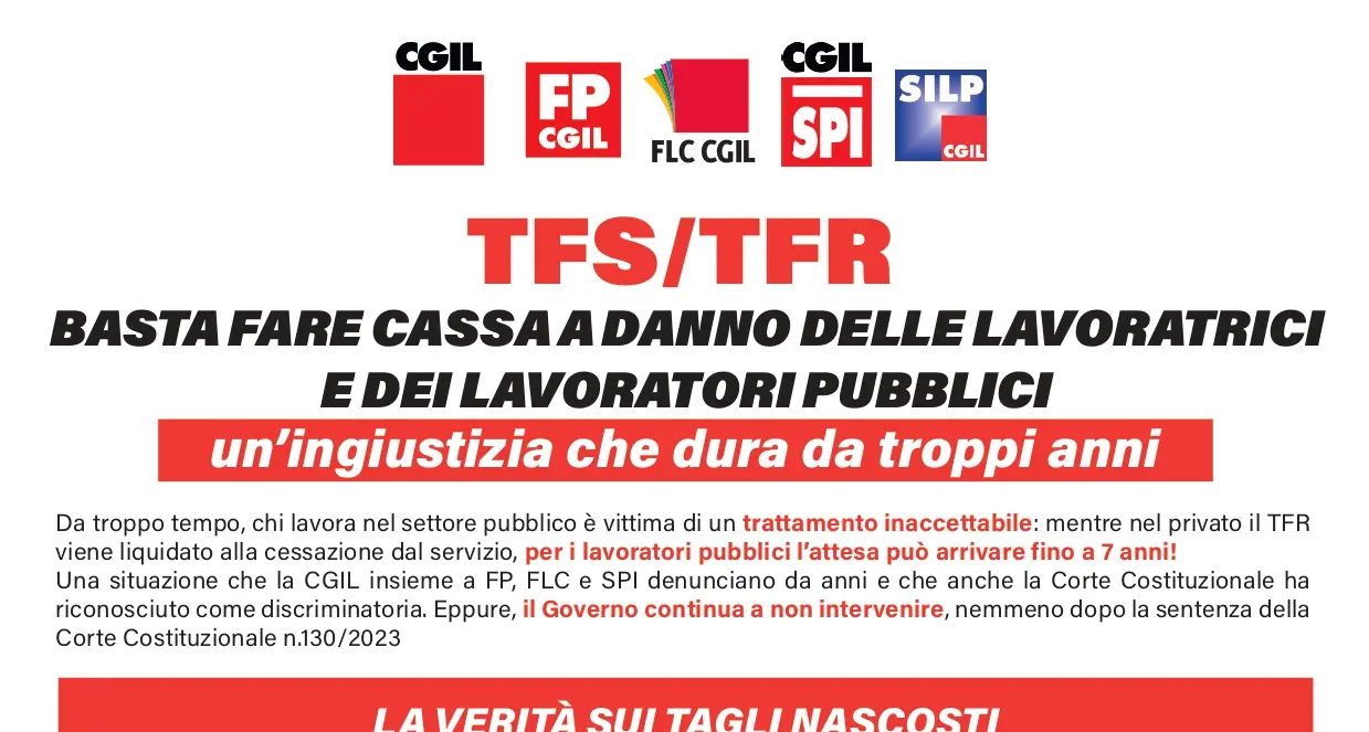 TFS/TFR: basta fare cassa a danno delle lavoratrici e dei lavoratori pubblici. Un’ingiustizia che dura da troppi anni
