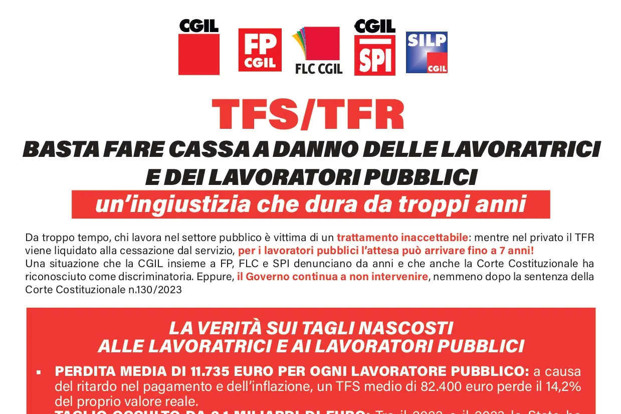 TFS/TFR: basta fare cassa a danno delle lavoratrici e dei lavoratori pubblici. Un’ingiustizia che dura da troppi anni