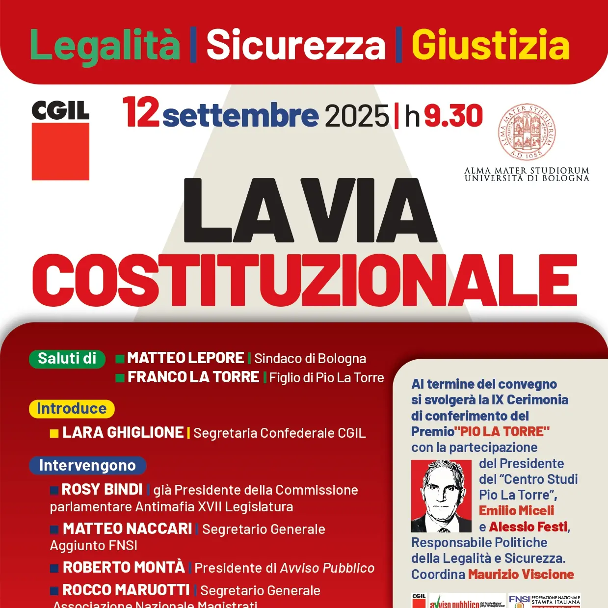 Avviso Pubblico, Cgil, Fnsi: il 12 settembre a Bologna i riconoscimenti del IX Premio Pio La Torre. Conclude Landini
