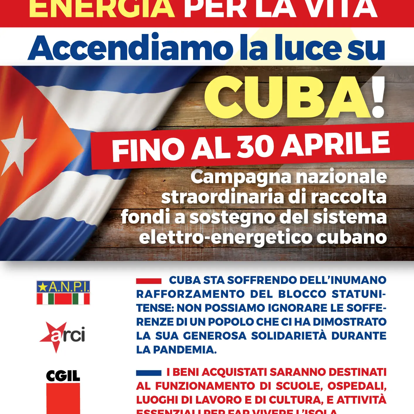Energia per la vita. Accendiamo la luce a Cuba! Cgil, Anpi, Arci e Anaic lanciano raccolta fondi per Cuba – Scadenza 30 aprile