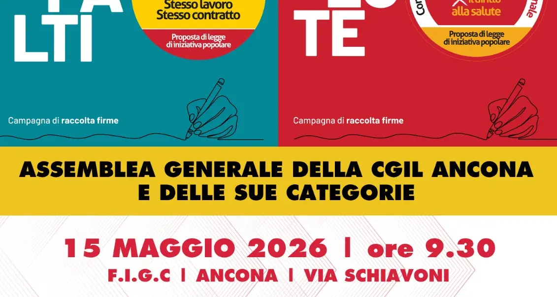 Raccolta firme proposte di legge su sanità e appalti – Assemblea generale Cgil Ancona e categorie