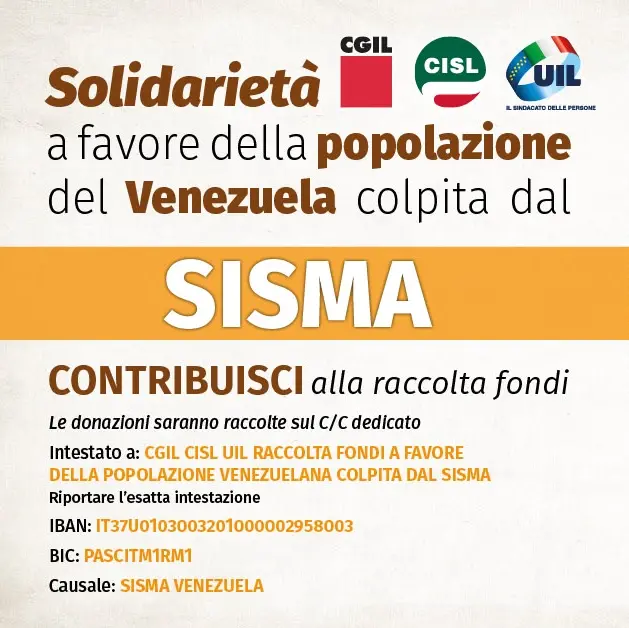 Sisma: Cgil, Cisl e Uil avviano raccolta fondi di solidarietà per popolazione venezuelana