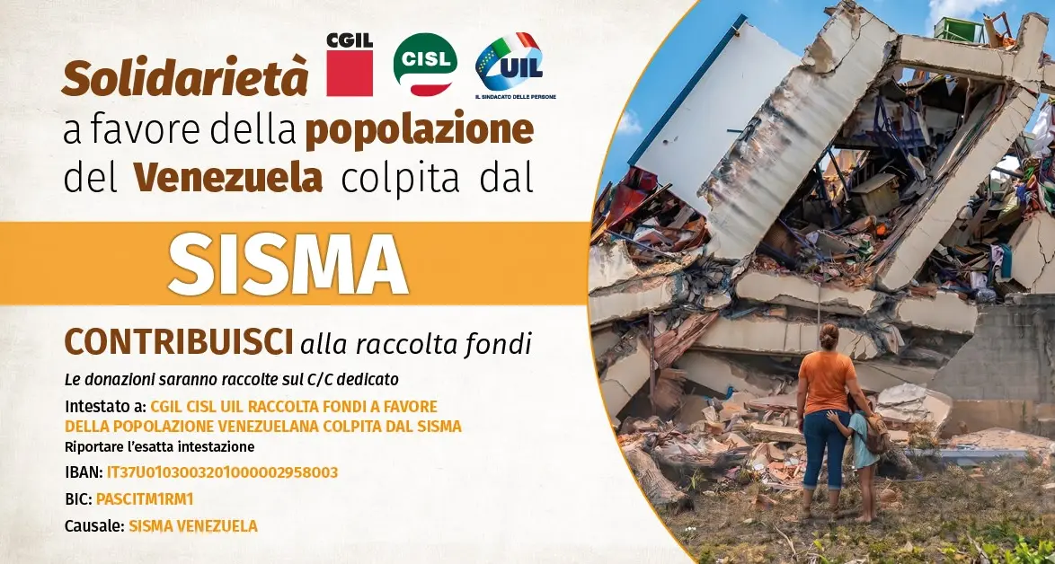 Sisma: Cgil, Cisl e Uil avviano raccolta fondi di solidarietà per popolazione venezuelana