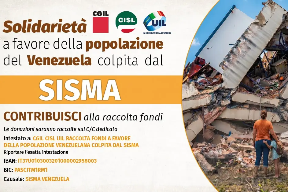 Sisma: Cgil, Cisl e Uil avviano raccolta fondi di solidarietà per popolazione venezuelana
