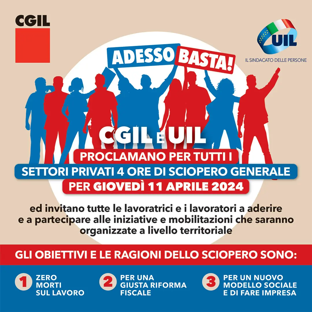 Cgil e Uil, giovedì 11 aprile sciopero generale di 4 ore per tutti i settori privati
