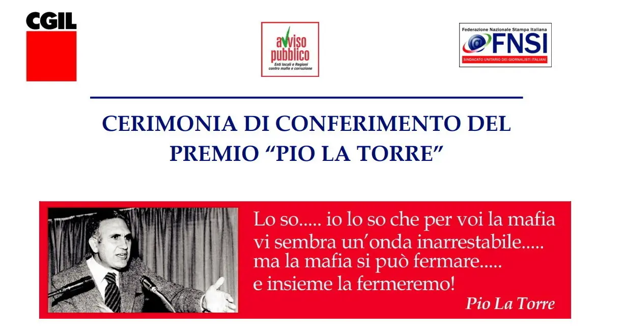 Legalità: il 13 settembre a Bologna conferimento premio 'Pio La Torre'