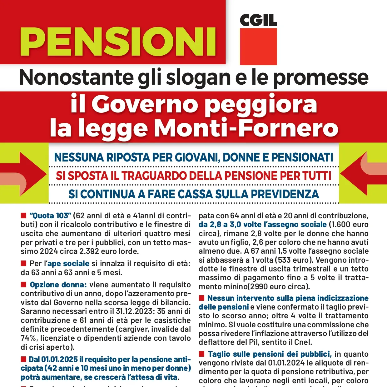 Pensioni: nonostante gli slogan e le promesse il Governo peggiora la legge Monti-Fornero - volantino