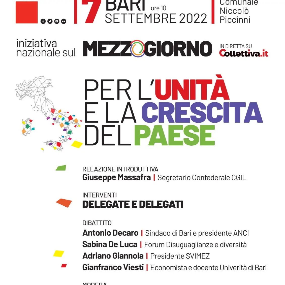 Mezzogiorno: il 7 settembre a Bari iniziativa CGIL per l’unita e la crescita del Paese
